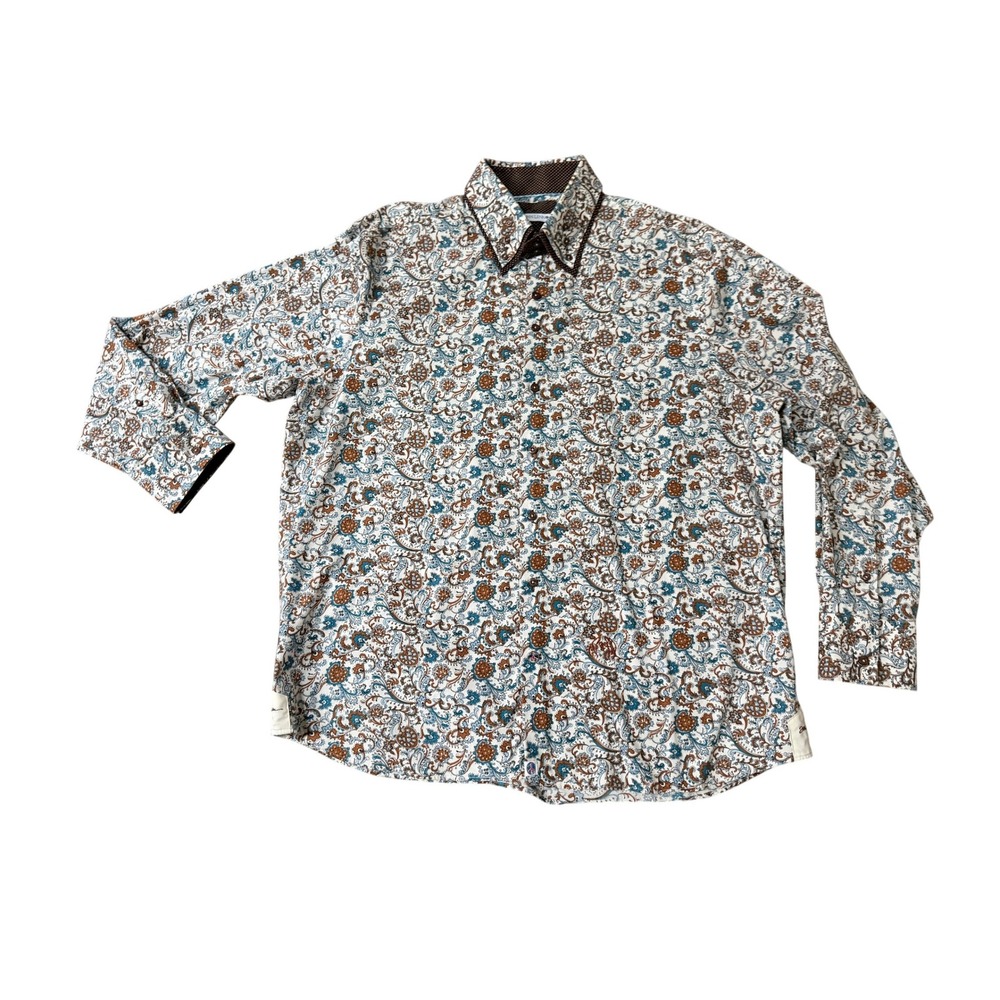 John Lennon Mens Floral Paisley Button Down Shirt Blue Brown Long Sleeve 3XL - Picture 3 of 10